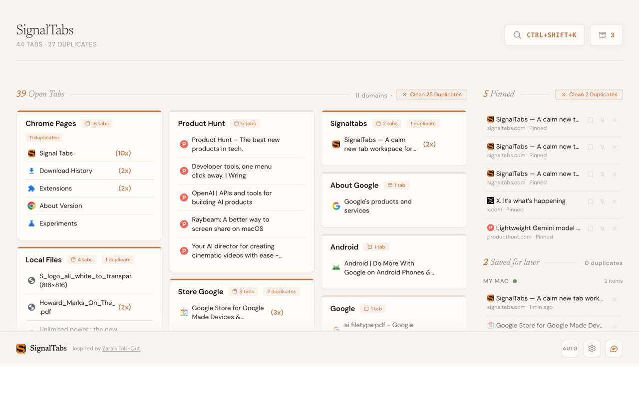SignalTabs new tab workspace showing grouped open tabs, safe duplicate cleanup, and saved items